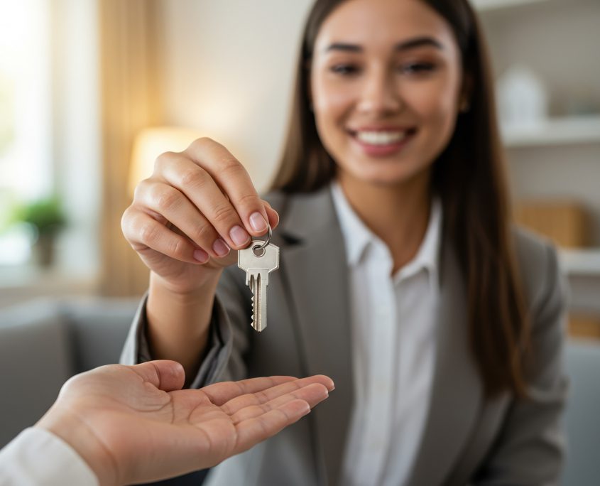 Smiling estate agent hands over keys to a new home owner during property exchange. Smiling estate agent hands over keys to a new home owner during property exchange.